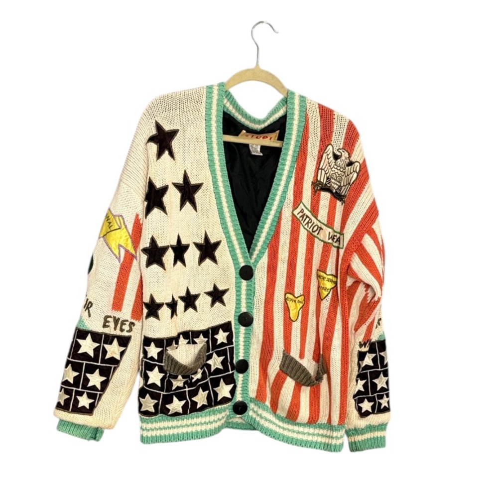 Vtg STOP Patriotic Knit Cardigan with Stars and Stripes